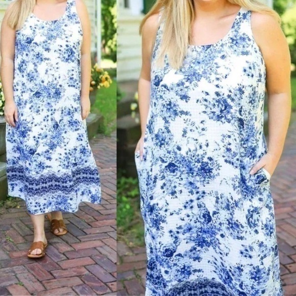 J. Jill Nwt Blue Floral Cotton Midi Maxi Tank Shift Dress With Pockets Size L